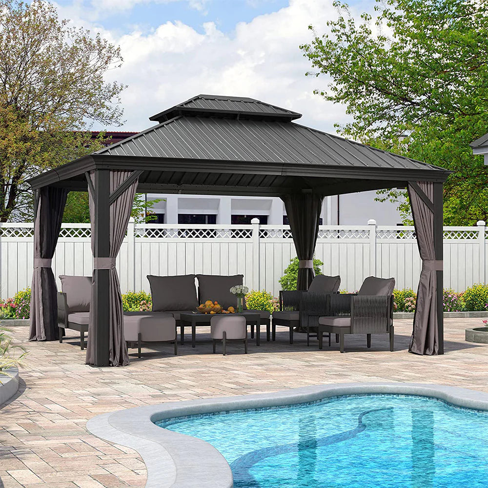 PURPLE LEAF Tonnelle De Jardin Exterieur Tonnelle Aluminum Avec Moustiquaire Et Rideaux Pavillon De Jardin à Double Toit Acier Galvanisé, Gris