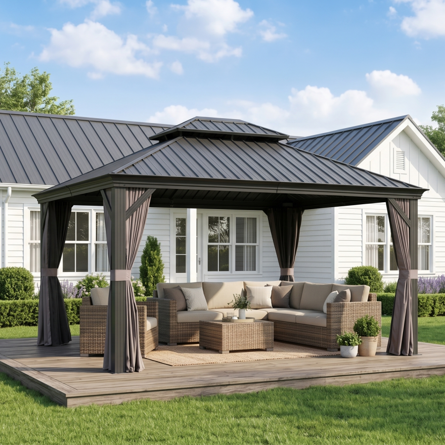 PURPLE LEAF Tonnelle de Jardin 3x4m Toit Rigide Double Gris Anthracite - Pavillon de Terrasse avec Rideaux & Moustiquaire, Anti-Vent & Pluie, Aluminium