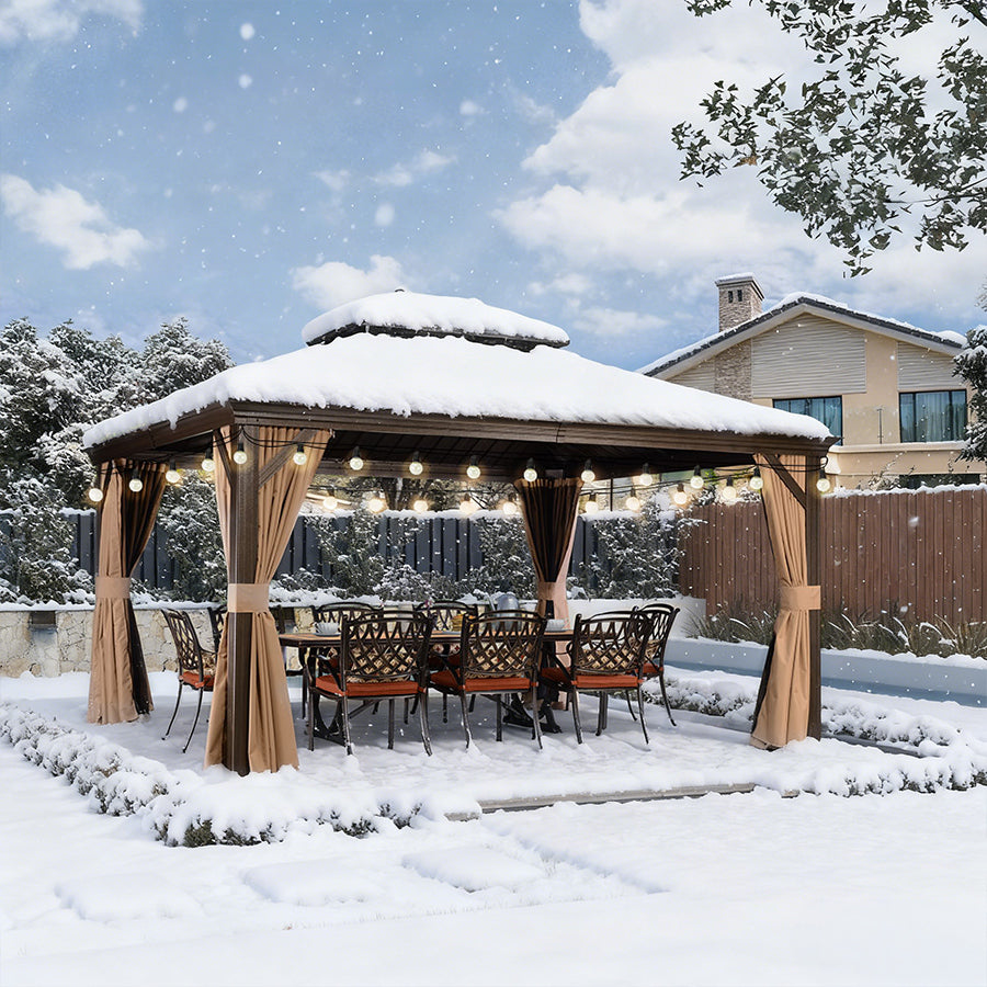 PURPLE LEAF Tonnelle de Jardin, Toit Double en Acier Galvanisé, Avec Rideaux Améliorés et Guirlandes Lumineuses Transparentes, Bronze