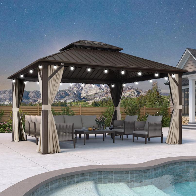 Purple Leaf Tonnelle de jardin Rigide Economique  Bronze Toit Double en Acier Pergola Aluminum Avec Moustiquaire Rideaux Guirlandes Lumineuses Lait