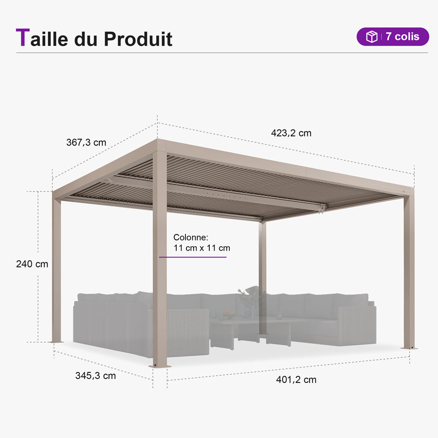 PURPLE LEAF Pergola Bioclimatique Aluminium Tonnelle Indépendante Protection Solaire Pavillon Pour Jardin Terrasse Champagne