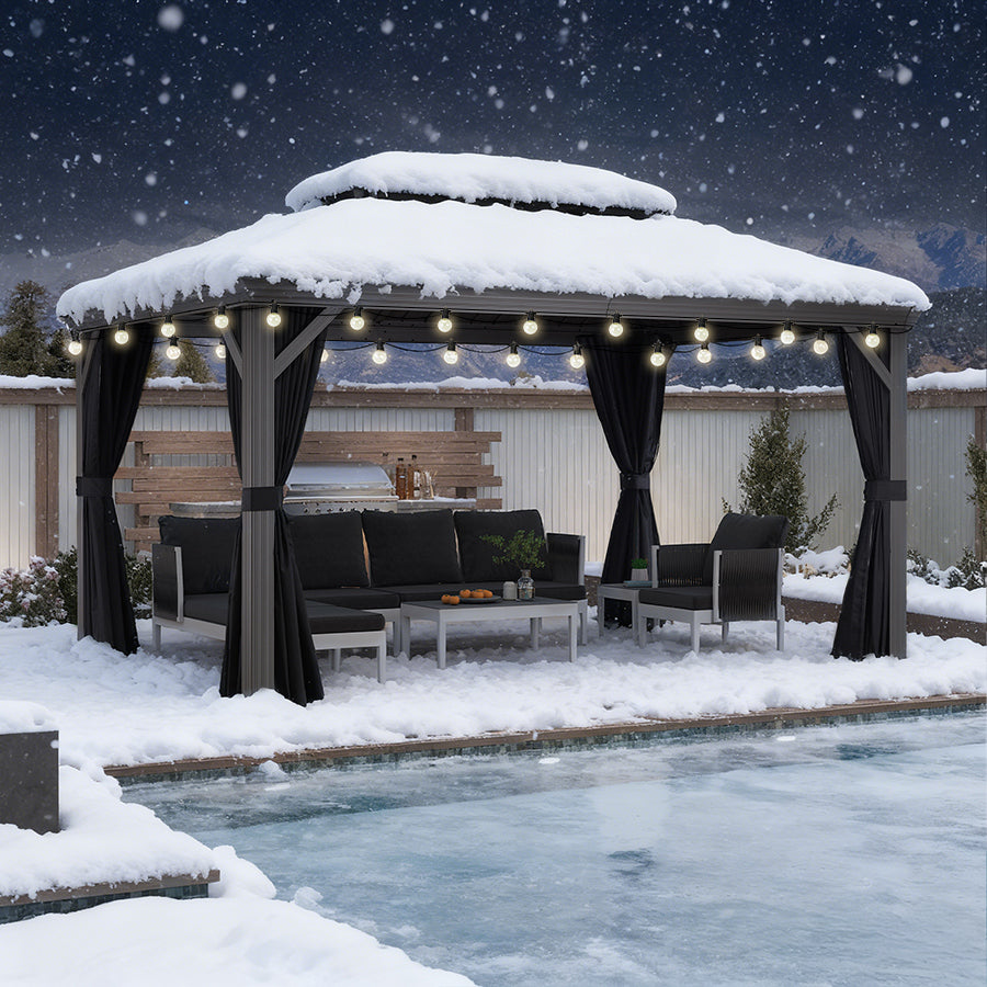 PURPLE LEAF Tonnelle de Terrasse et de Jardin, Toit Rigide en Acier Galvanisé, Conception de Gouttière avec Guirlandes Lumineuses Transparentes, Gris Clair