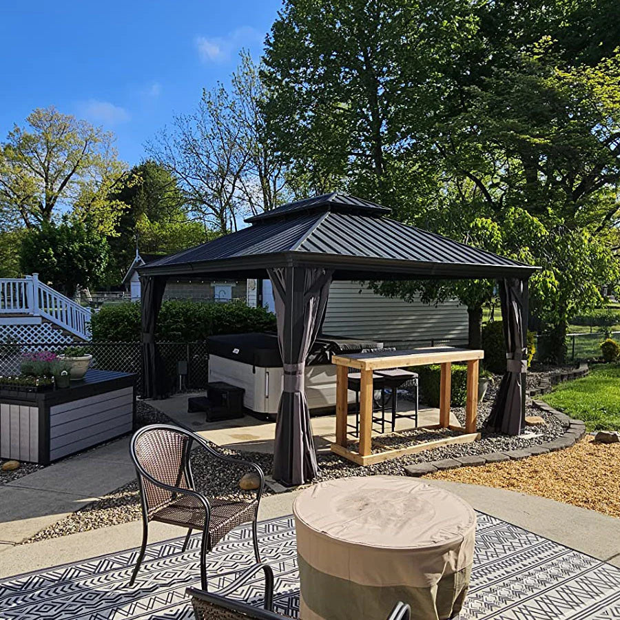 PURPLE LEAF Tonnelle De Jardin Exterieur Tonnelle Pergola Aluminum Avec Moustiquaire Et Rideaux Pavillon De Jardin à Double Toit Acier Galvanisé, Gris