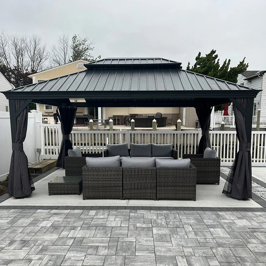 PURPLE LEAF Tonnelle De Jardin Exterieur Tonnelle Aluminum Avec Moustiquaire Et Rideaux Pavillon De Jardin à Double Toit Acier Galvanisé, Gris