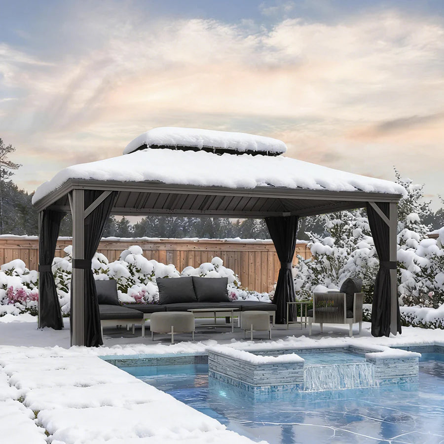 PURPLE LEAF Tonnelle de Jardin Pour Terrasse, Abris de Soleil Avec Toit Rigide en Acier Galvanisé, Equipée de Rideaux, Gris Clair