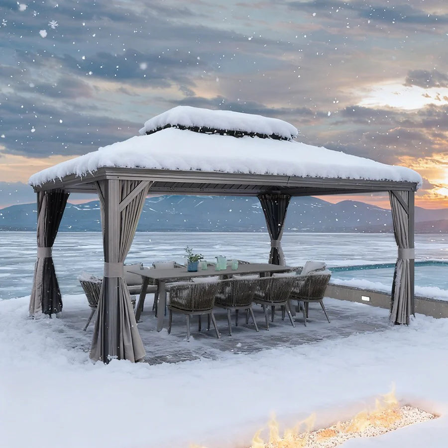 PURPLE LEAF Tonnelle De Jardin Exterieur Tonnelle Aluminum Avec Moustiquaire Et Rideaux Pavillon De Jardin à Double Toit Acier Galvanisé, Gris