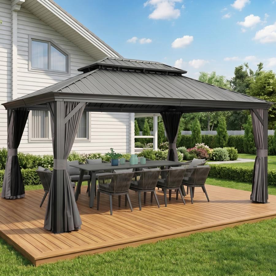 PURPLE LEAF Tonnelle de Jardin 3x4m Toit Rigide Double Gris Anthracite - Pavillon de Terrasse avec Rideaux & Moustiquaire, Anti-Vent & Pluie, Aluminium