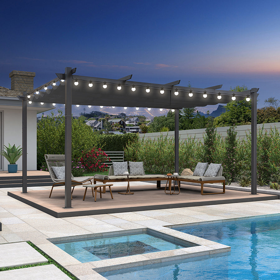 PURPLE LEAF Pergola Aluminium Tissu Teint en Fil Pergola pour Terrasse Exterieur, Toit Coulissante, Pavillon De Jardin Guirlande Lumineuse Blanc Lait