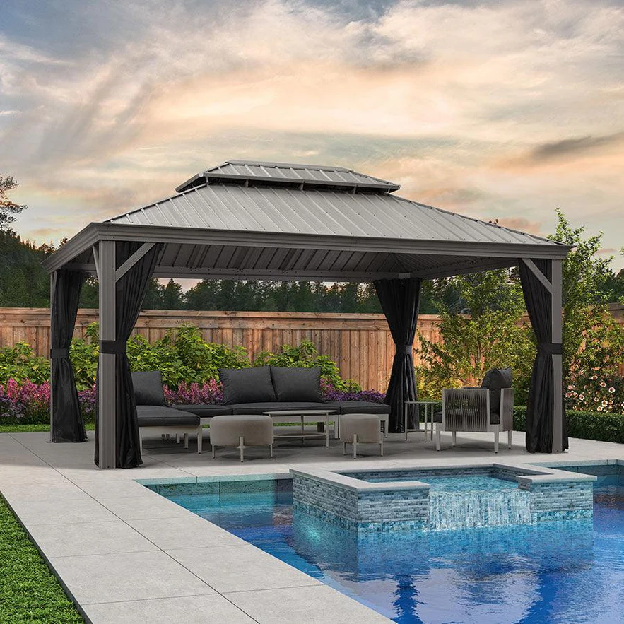 PURPLE LEAF Tonnelle de Jardin Pour Terrasse, Abris de Soleil Avec Toit Rigide en Acier Galvanisé, Equipée de Rideaux, Gris Clair