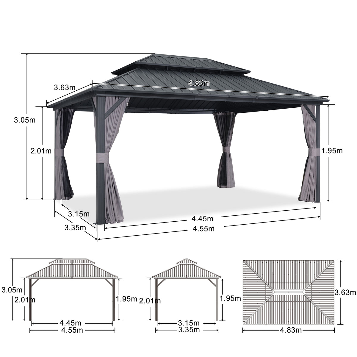 PURPLE LEAF Tonnelle de Jardin Gamme Raffinée Gris Anthracite - Pavillon Toit Rigide Double Anti-Vent avec Rideaux & Moustiquaire