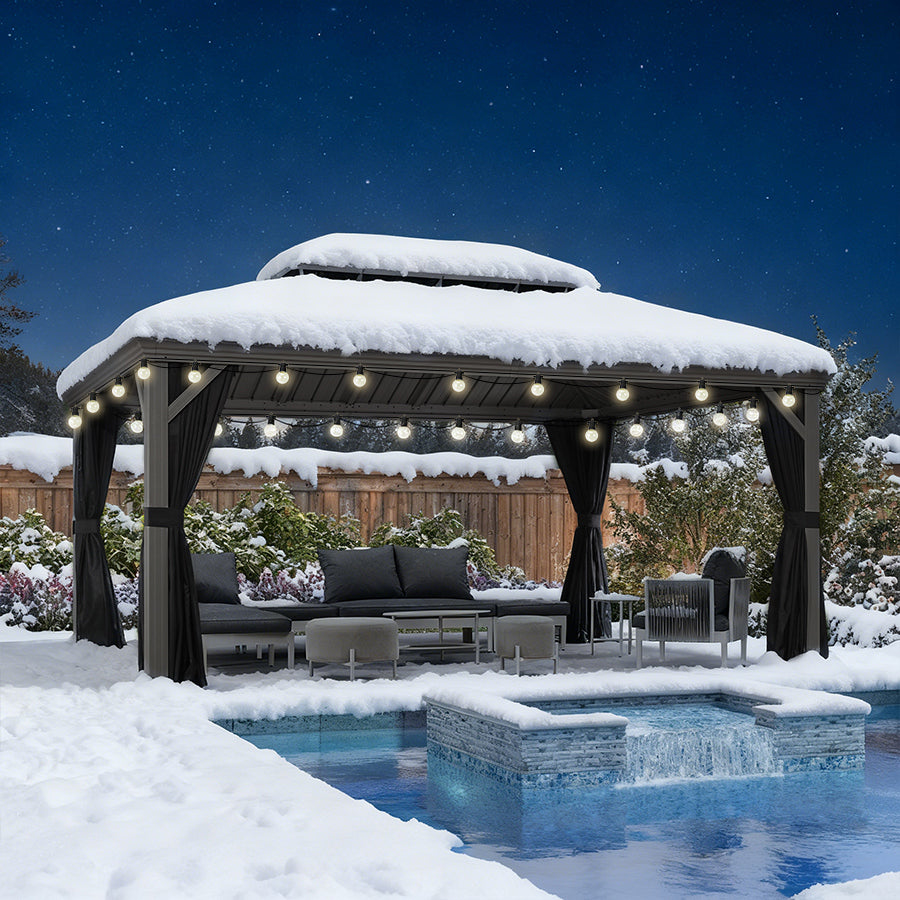 PURPLE LEAF Tonnelle de Terrasse et de Jardin, Toit Rigide en Acier Galvanisé, Conception de Gouttière avec Guirlandes Lumineuses Transparentes, Gris Clair