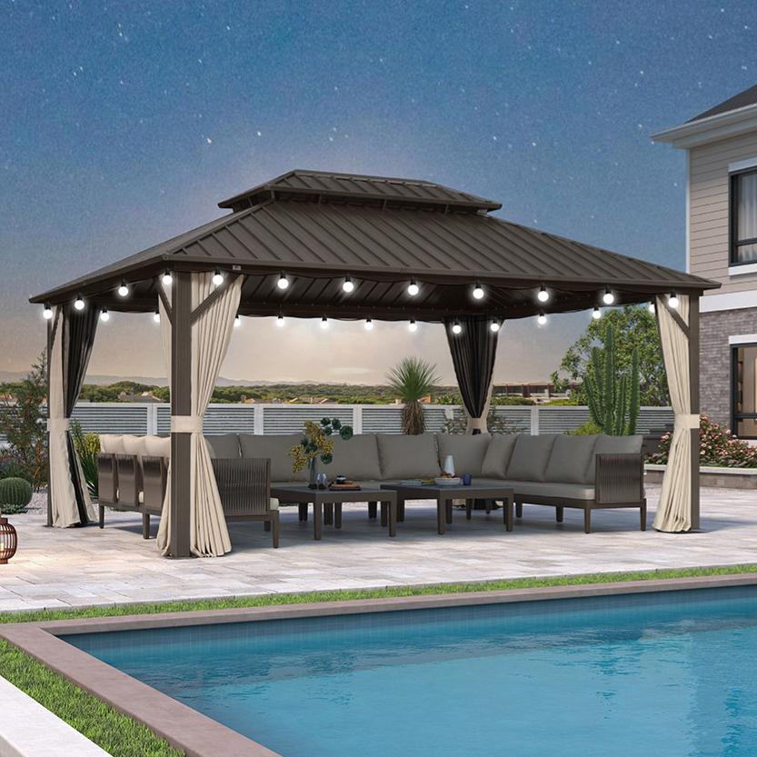 Purple Leaf Tonnelle de jardin Rigide Economique  Bronze Toit Double en Acier Pergola Aluminum Avec Moustiquaire Rideaux Guirlandes Lumineuses Lait