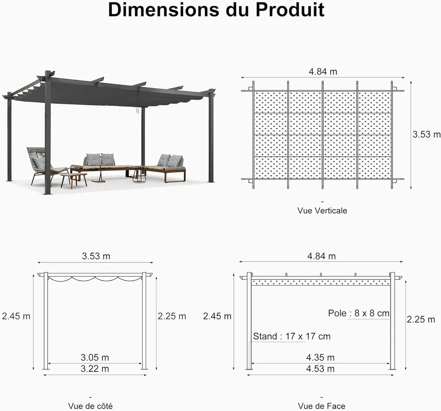 PURPLE LEAF Pergola Aluminium Tissu Teint en Fil avec Guirlande Lumineuse à Ampoules Transparentes Pergola pour Terrasse Exterieur Toit Coulissante Pavillon De Jardin