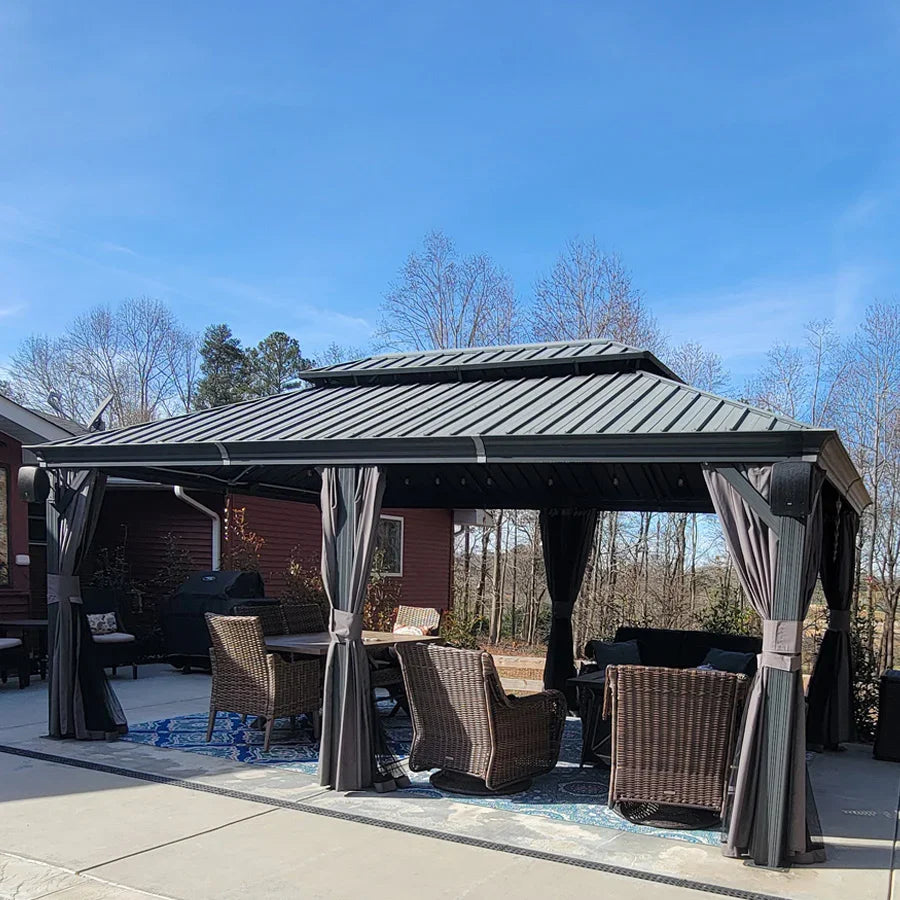PURPLE LEAF Tonnelle De Jardin Exterieur Tonnelle Pergola Aluminum Avec Moustiquaire Et Rideaux Pavillon De Jardin à Double Toit Acier Galvanisé, Gris