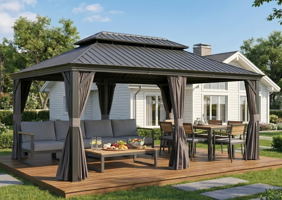 PURPLE LEAF Tonnelle de Jardin 3x4m Toit Rigide Double Gris Anthracite - Pavillon de Terrasse avec Rideaux & Moustiquaire, Anti-Vent & Pluie, Aluminium