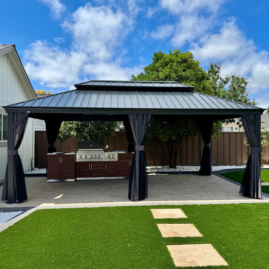 PURPLE LEAF Tonnelle De Jardin Exterieur Tonnelle Pergola Aluminum Avec Moustiquaire Et Rideaux Pavillon De Jardin à Double Toit Acier Galvanisé, Gris