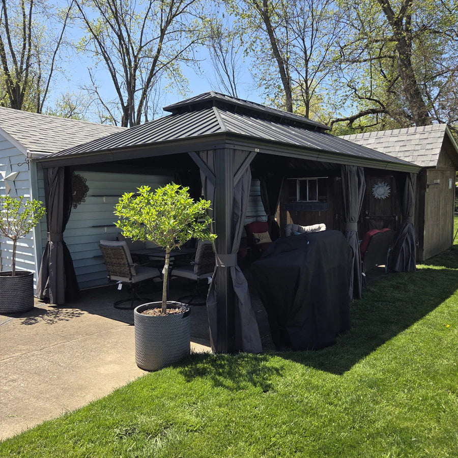 PURPLE LEAF Tonnelle De Jardin Exterieur Tonnelle Pergola Aluminum Avec Moustiquaire Et Rideaux Pavillon De Jardin à Double Toit Acier Galvanisé, Gris