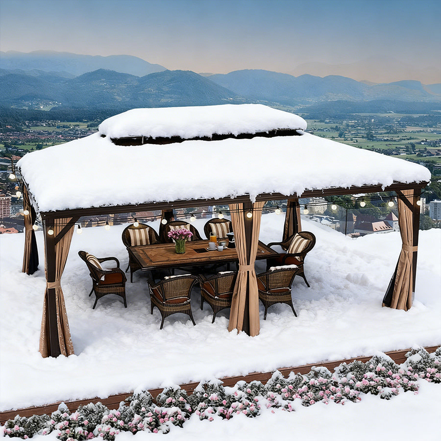 PURPLE LEAF Tonnelle de Jardin, Toit Double en Acier Galvanisé, Avec Rideaux Améliorés et Guirlandes Lumineuses Transparentes, Bronze