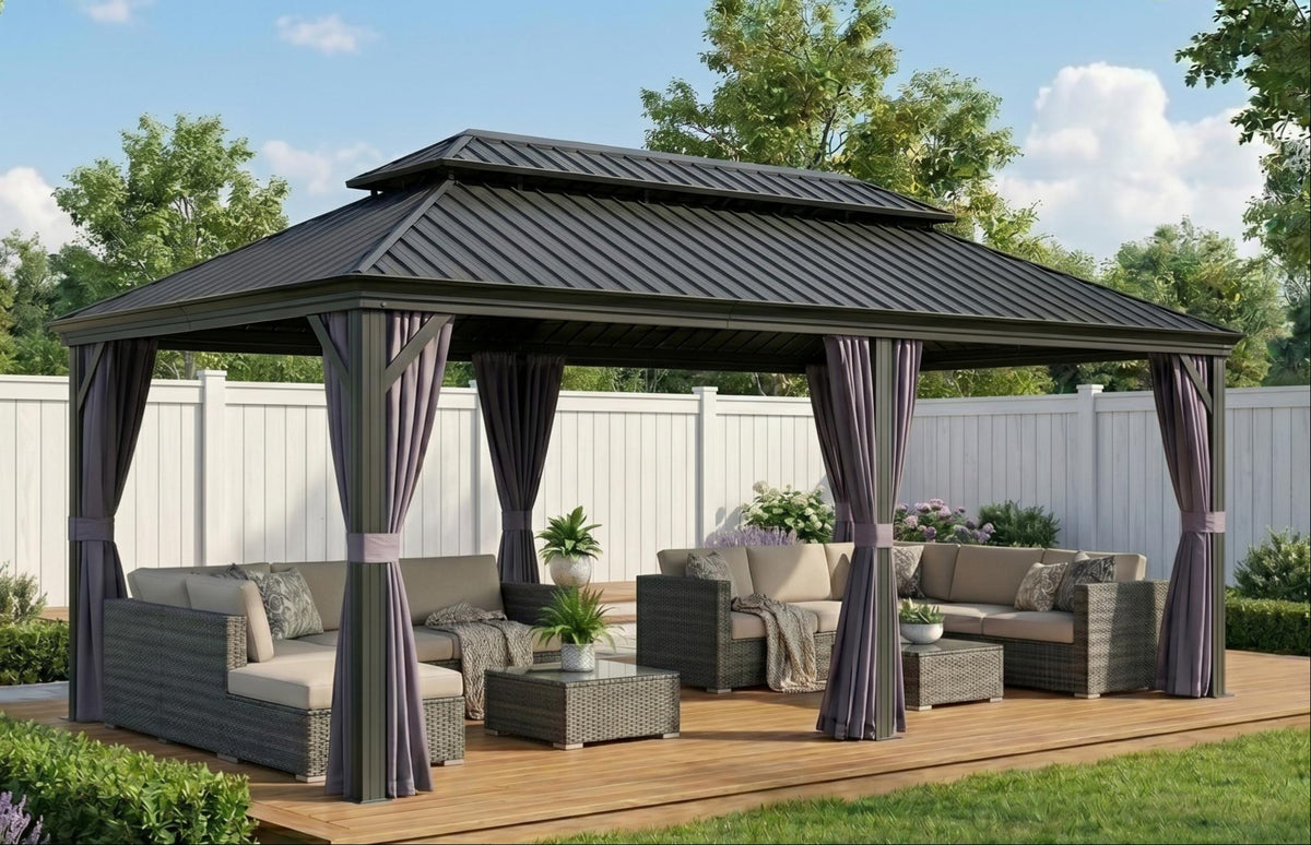PURPLE LEAF Tonnelle de Jardin 3x4m Toit Rigide Double Gris Anthracite - Pavillon de Terrasse avec Rideaux & Moustiquaire, Anti-Vent & Pluie, Aluminium