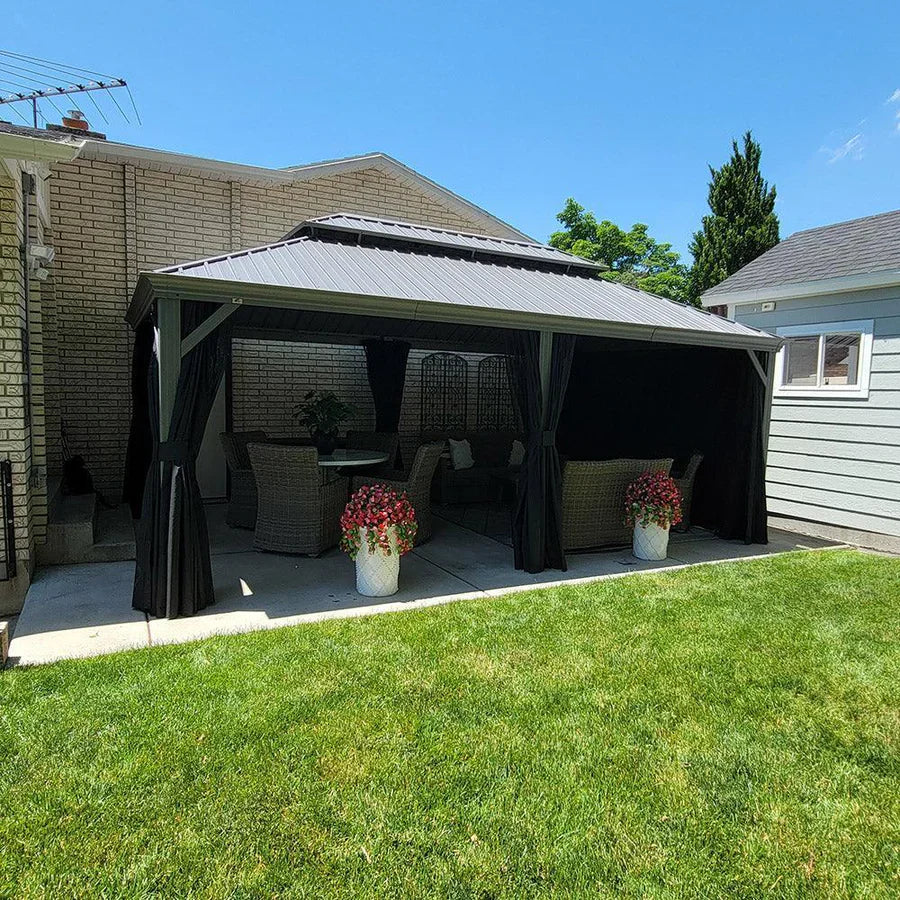 PURPLE LEAF Tonnelle de Terrasse et de Jardin, Toit Rigide en Acier Galvanisé, Conception de Gouttière avec Guirlandes Lumineuses Transparentes, Gris Clair