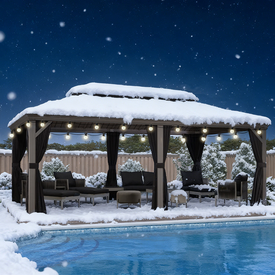 PURPLE LEAF Tonnelle de Terrasse et de Jardin, Toit Rigide en Acier Galvanisé, Conception de Gouttière avec Guirlandes Lumineuses Transparentes, Gris Clair