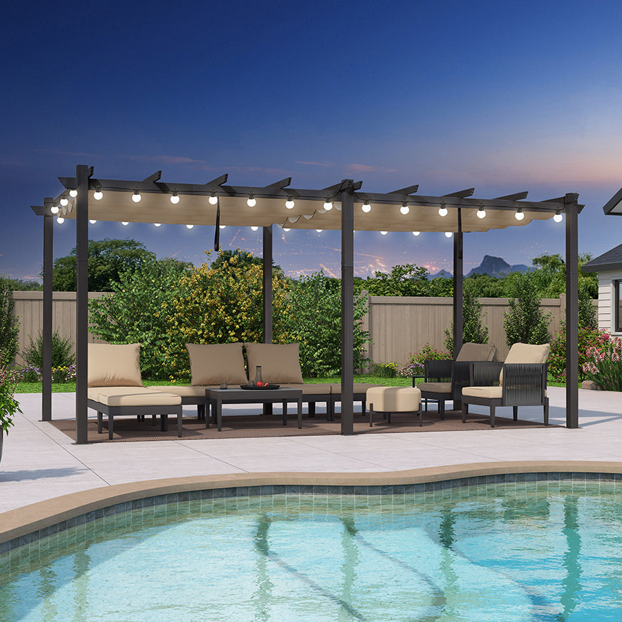 PURPLE LEAF Pergola Aluminium Tissu Teint en Fil Pergola pour Terrasse Exterieur, Toit Coulissante, Pavillon De Jardin Guirlande Lumineuse Blanc Lait