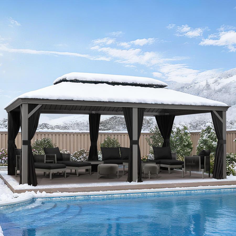 PURPLE LEAF Tonnelle de Jardin Pour Terrasse, Abris de Soleil Avec Toit Rigide en Acier Galvanisé, Equipée de Rideaux, Gris Clair