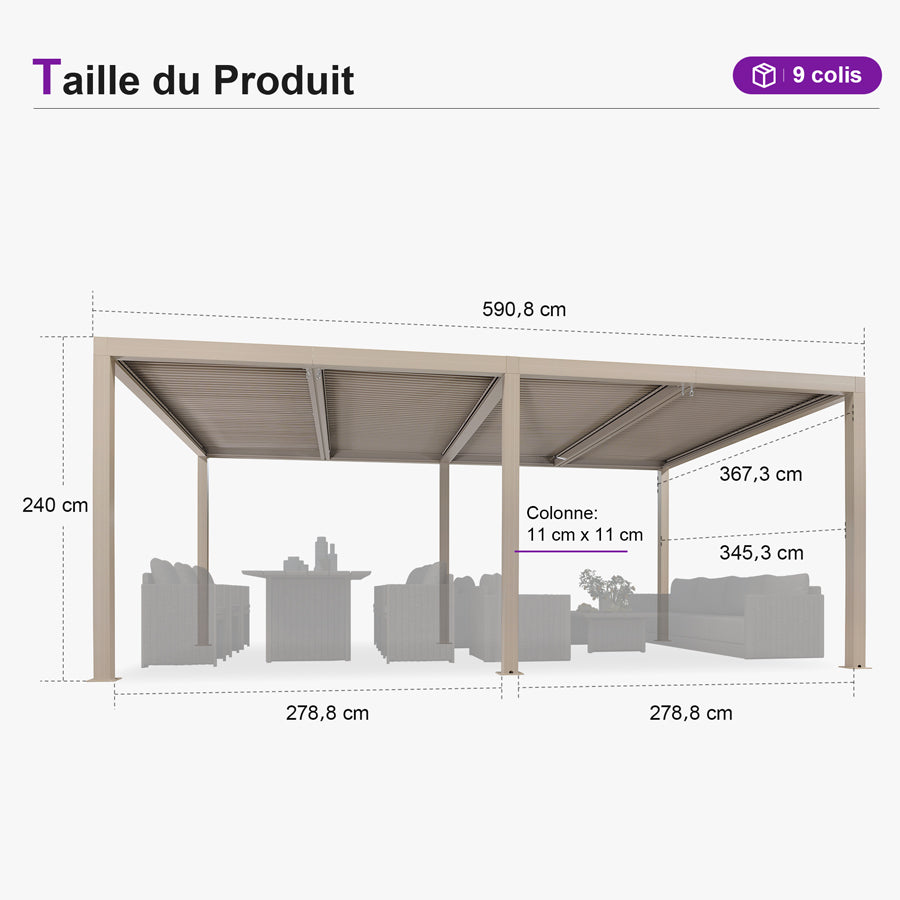 PURPLE LEAF Pergola Bioclimatique Aluminium Tonnelle Indépendante Protection Solaire Pavillon Pour Jardin Terrasse Champagne