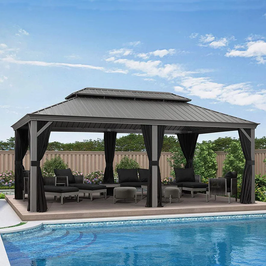 PURPLE LEAF Tonnelle de Jardin Pour Terrasse, Abris de Soleil Avec Toit Rigide en Acier Galvanisé, Equipée de Rideaux, Gris Clair