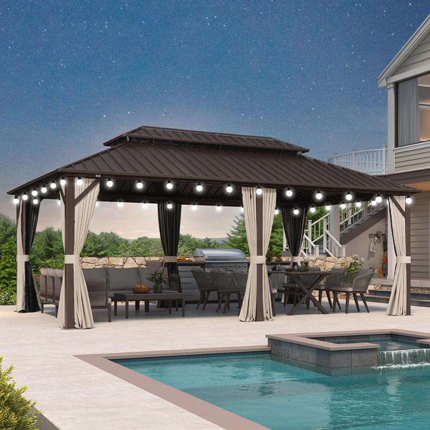 Purple Leaf Tonnelle de jardin Rigide Economique  Bronze Toit Double en Acier Pergola Aluminum Avec Moustiquaire Rideaux Guirlandes Lumineuses Lait