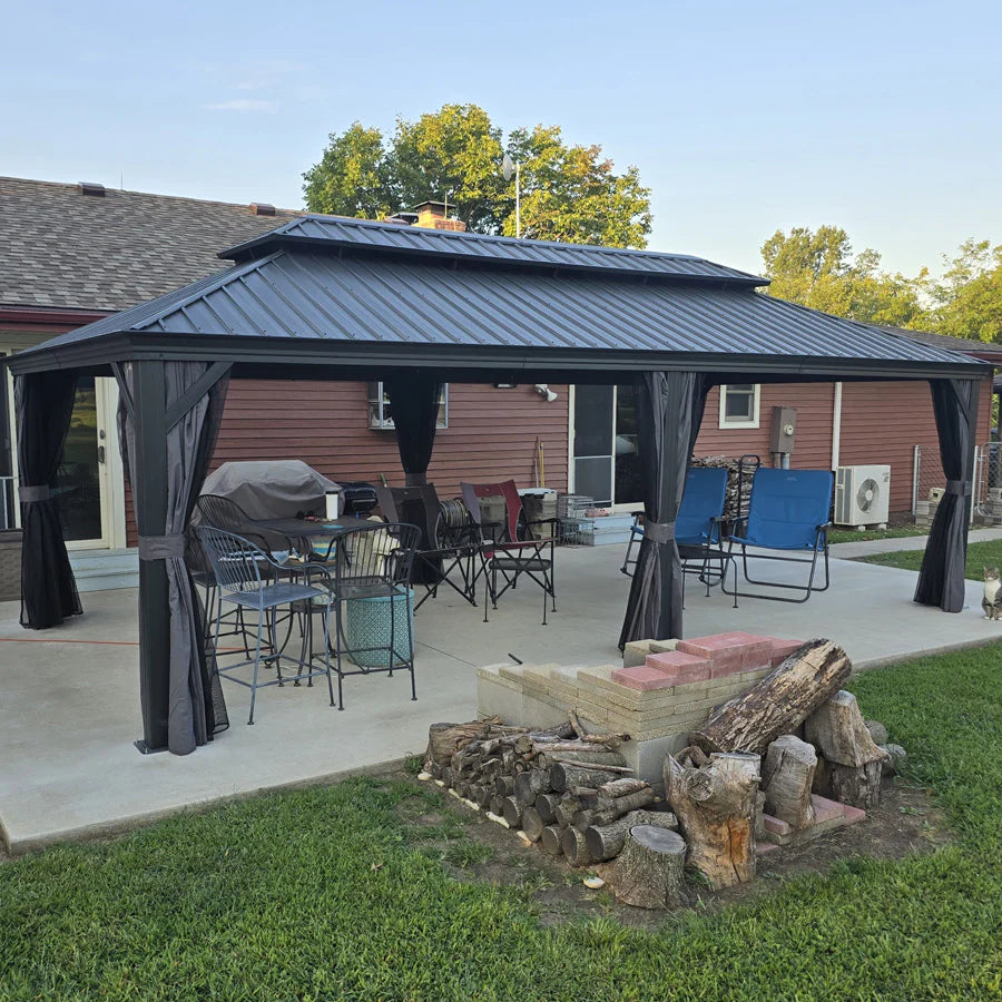 PURPLE LEAF Tonnelle De Jardin Exterieur Tonnelle Pergola Aluminum Avec Moustiquaire Et Rideaux Pavillon De Jardin à Double Toit Acier Galvanisé, Gris