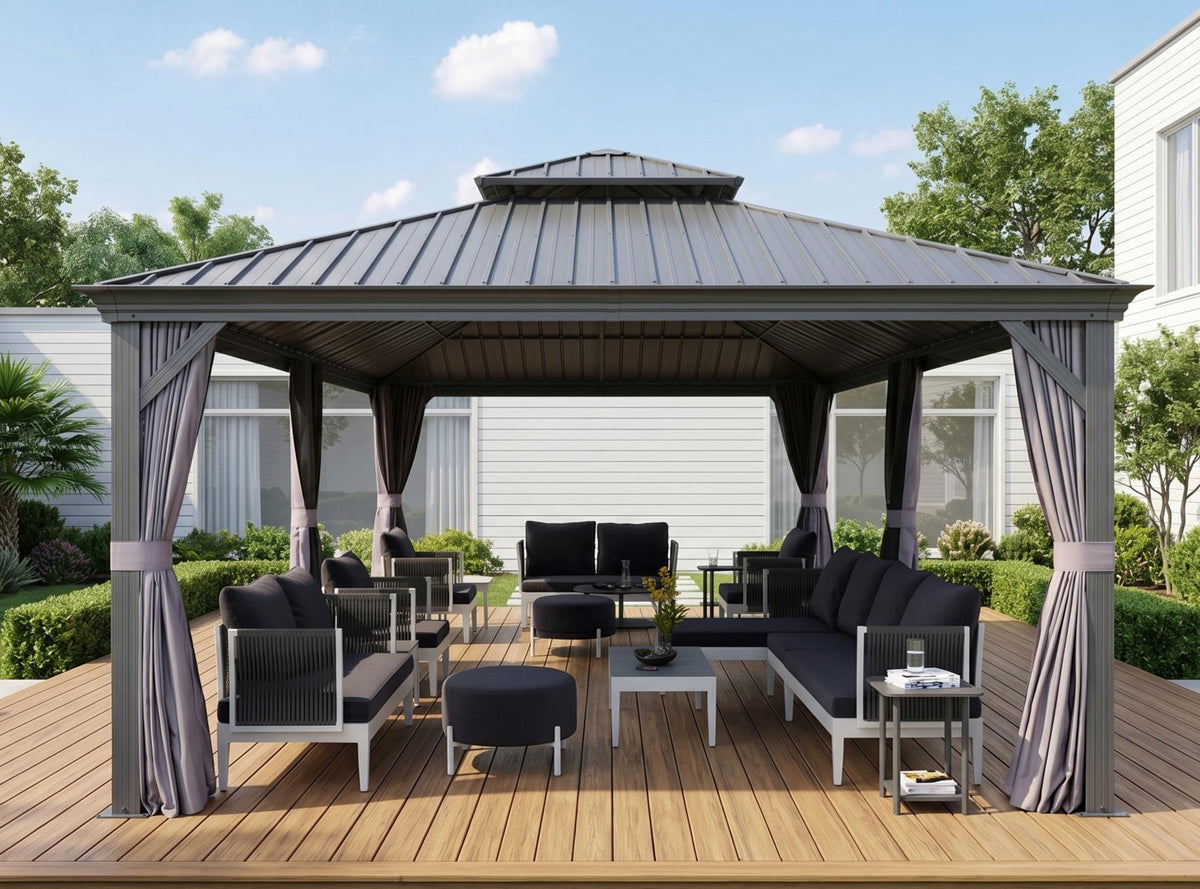 PURPLE LEAF Tonnelle de Jardin 3x4m Toit Rigide Double Gris Anthracite - Pavillon de Terrasse avec Rideaux & Moustiquaire, Anti-Vent & Pluie, Aluminium