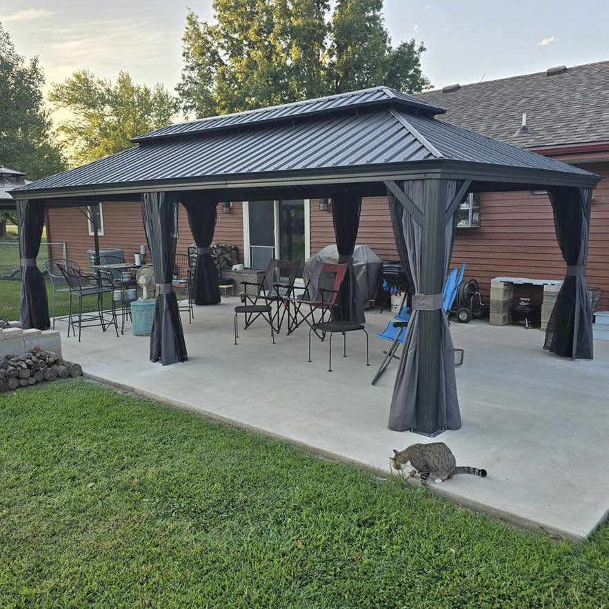 PURPLE LEAF Tonnelle De Jardin Exterieur Tonnelle Aluminum Avec Moustiquaire Et Rideaux Pavillon De Jardin à Double Toit Acier Galvanisé, Gris