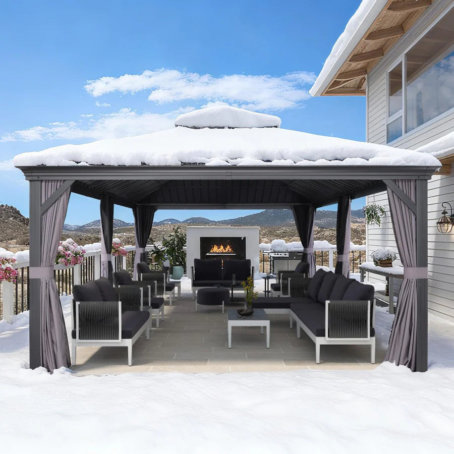 PURPLE LEAF Tonnelle De Jardin Exterieur Tonnelle Aluminum Avec Moustiquaire Et Rideaux Pavillon De Jardin à Double Toit Acier Galvanisé, Gris