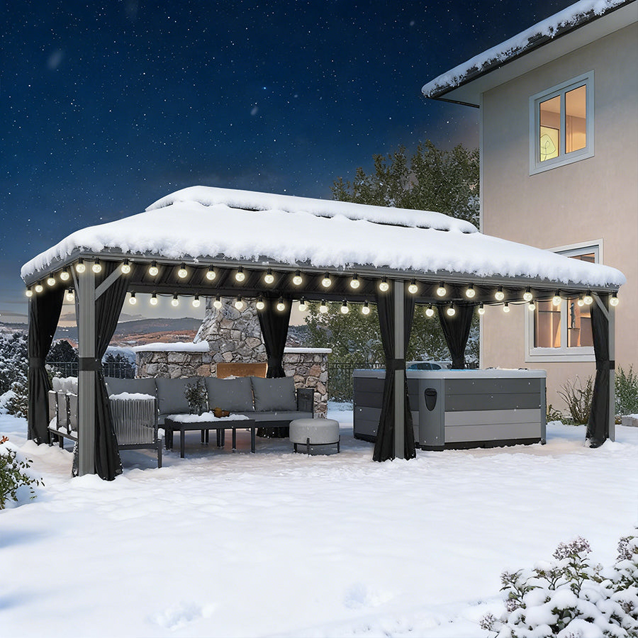 PURPLE LEAF Tonnelle de Terrasse et de Jardin, Toit Rigide en Acier Galvanisé, Conception de Gouttière avec Guirlandes Lumineuses Transparentes, Gris Clair