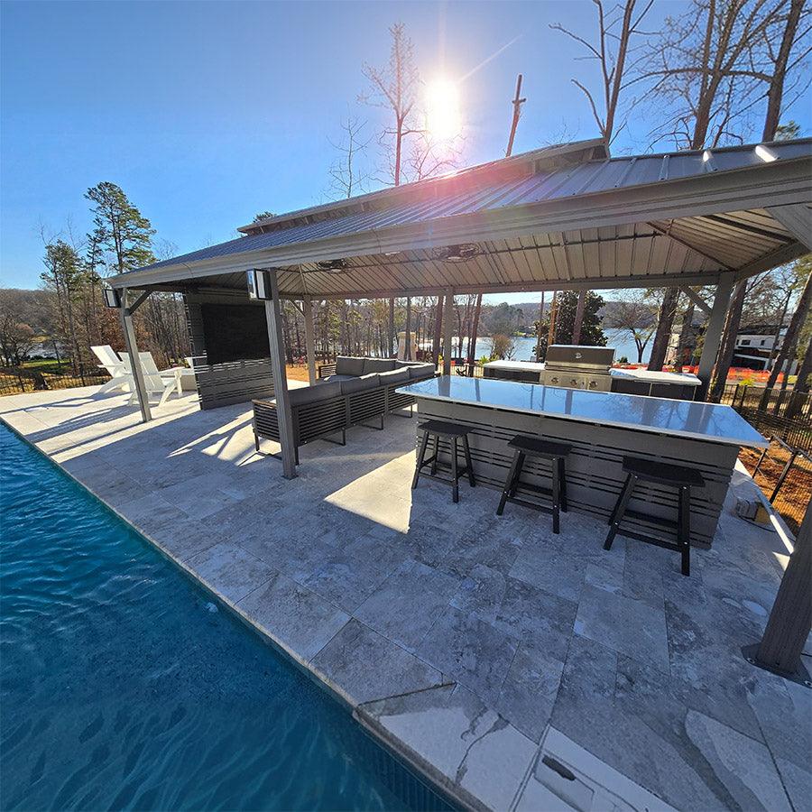 PURPLE LEAF Tonnelle de Terrasse et de Jardin, Toit Rigide en Acier Galvanisé, Conception de Gouttière avec Guirlandes Lumineuses Transparentes, Gris Clair