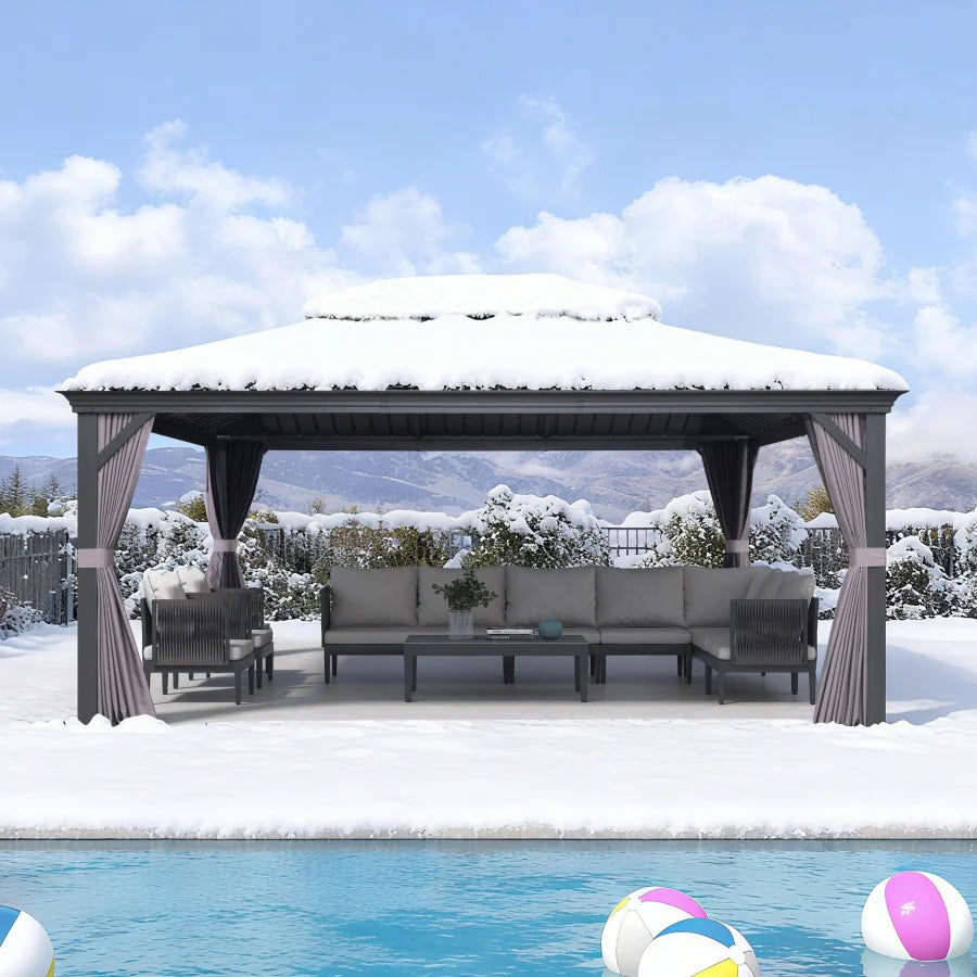 PURPLE LEAF Tonnelle De Jardin Exterieur Tonnelle Aluminum Avec Moustiquaire Et Rideaux Pavillon De Jardin à Double Toit Acier Galvanisé, Gris