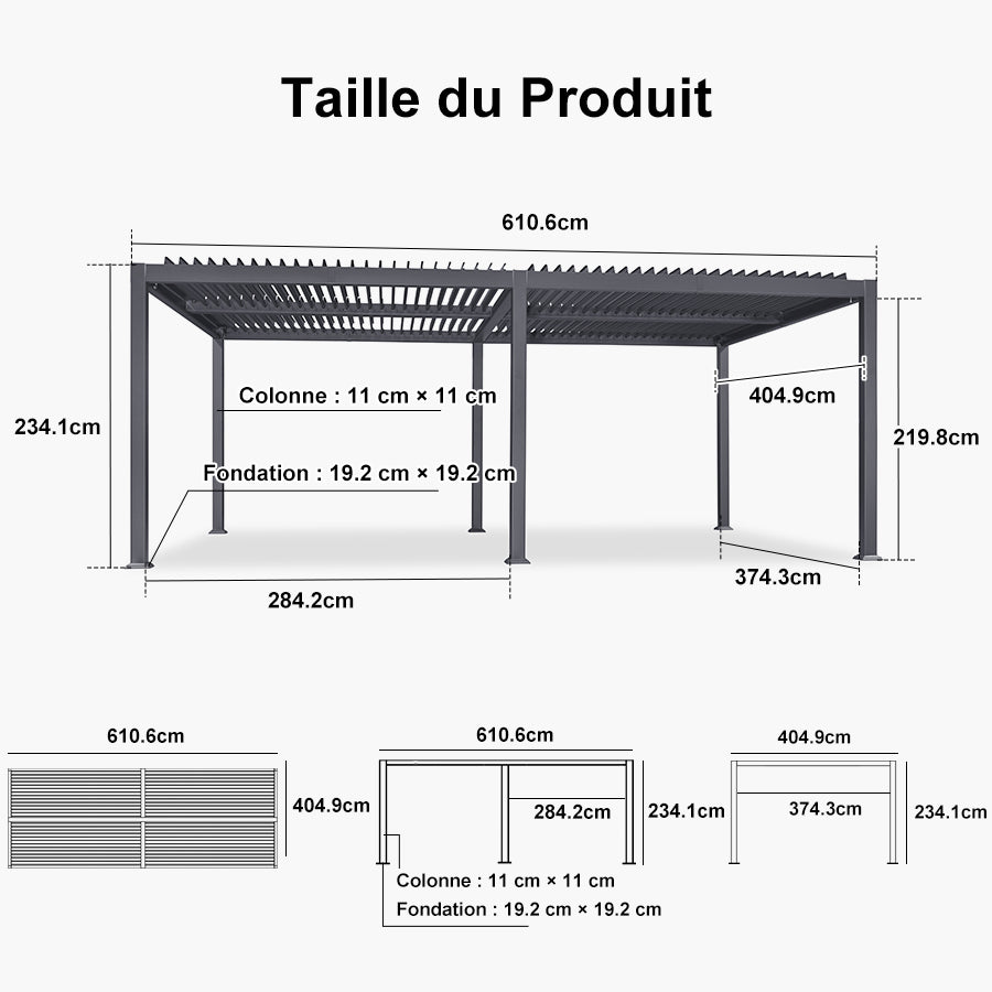 PURPLE LEAF Pergola Bioclimatique d'extérieur en aluminium à toit réglable pour terrasse et jardin grise