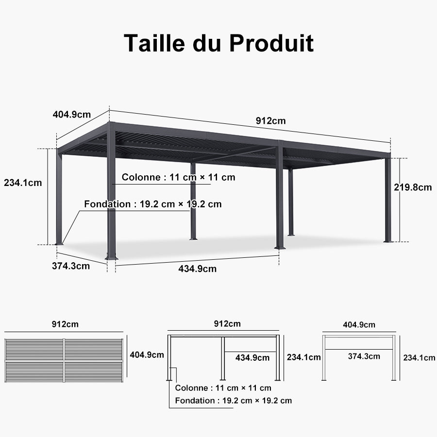 PURPLE LEAF Pergola Bioclimatique d'extérieur en aluminium à toit réglable pour terrasse et jardin grise