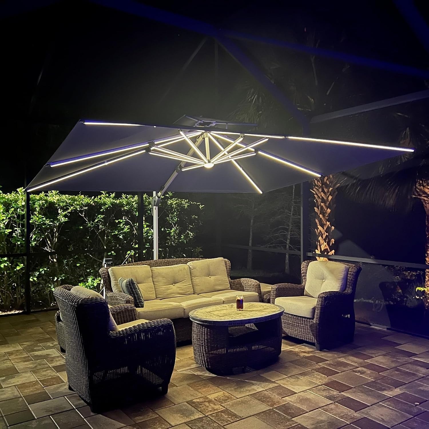 PURPLE LEAF Parasol Déporté avec LED Solaire de Jardin à Double Toit Rectangulaire avec socle