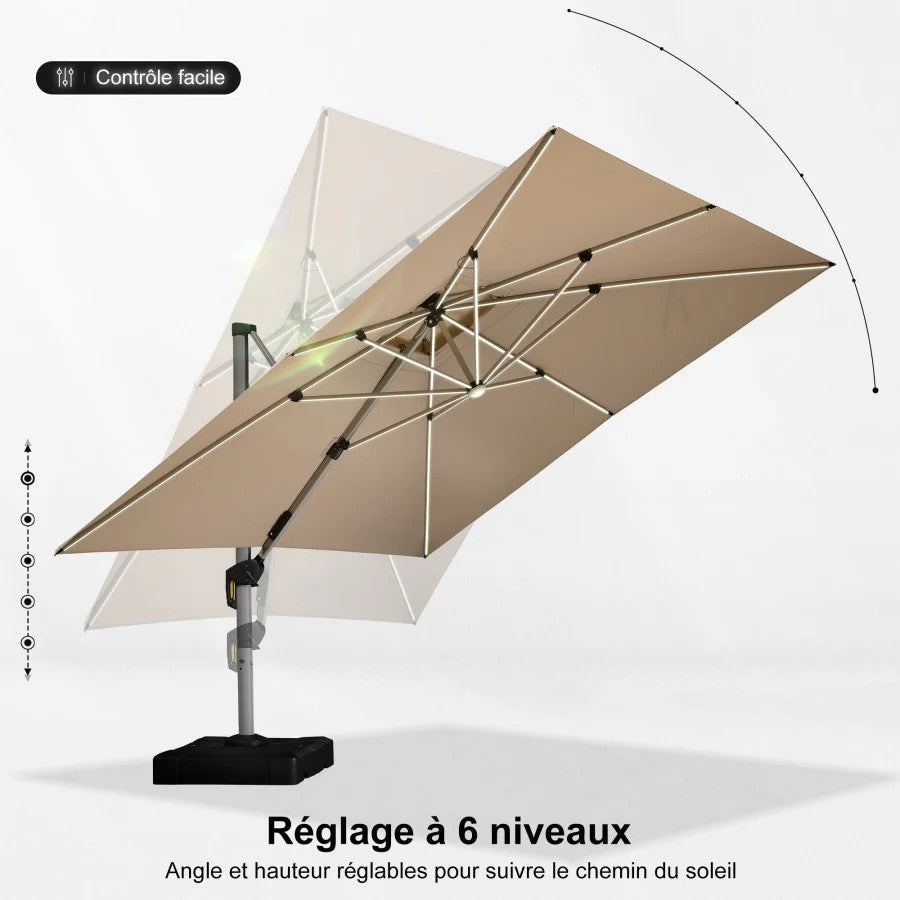 PURPLE LEAF Parasol Déporté avec LED Solaire de Jardin à Double Toit Carré avec socle