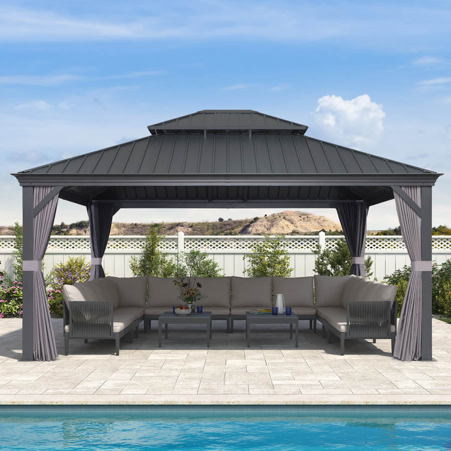 PURPLE LEAF Tonnelle De Jardin Exterieur Tonnelle Aluminum Avec Moustiquaire Et Rideaux Pavillon De Jardin à Double Toit Acier Galvanisé, Gris