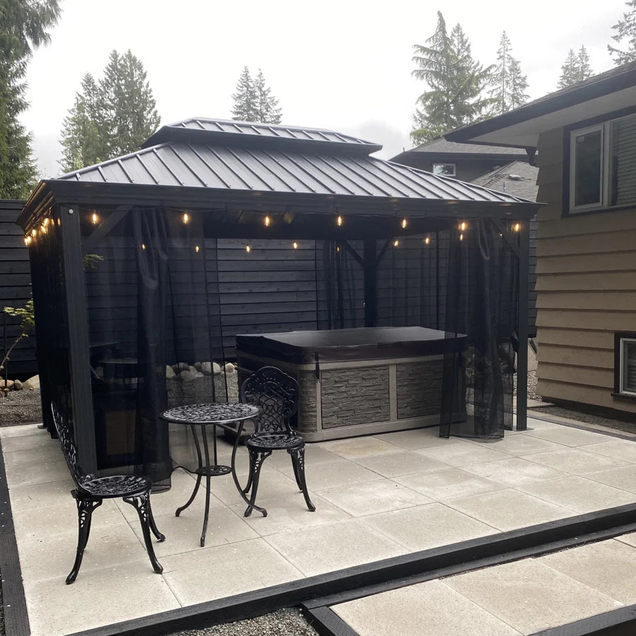 PURPLE LEAF Tonnelle De Jardin Exterieur Tonnelle Pergola Aluminum Avec Moustiquaire Et Rideaux Pavillon De Jardin à Double Toit Acier Galvanisé, Gris
