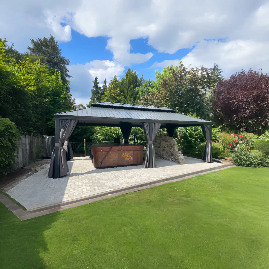 PURPLE LEAF Tonnelle De Jardin Exterieur Tonnelle Pergola Aluminum Avec Moustiquaire Et Rideaux Pavillon De Jardin à Double Toit Acier Galvanisé, Gris