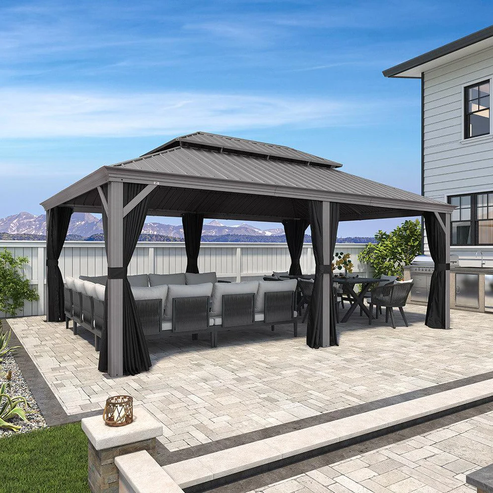 PURPLE LEAF Tonnelle de Jardin Pour Terrasse, Abris de Soleil Avec Toit Rigide en Acier Galvanisé, Equipée de Rideaux, Gris Clair