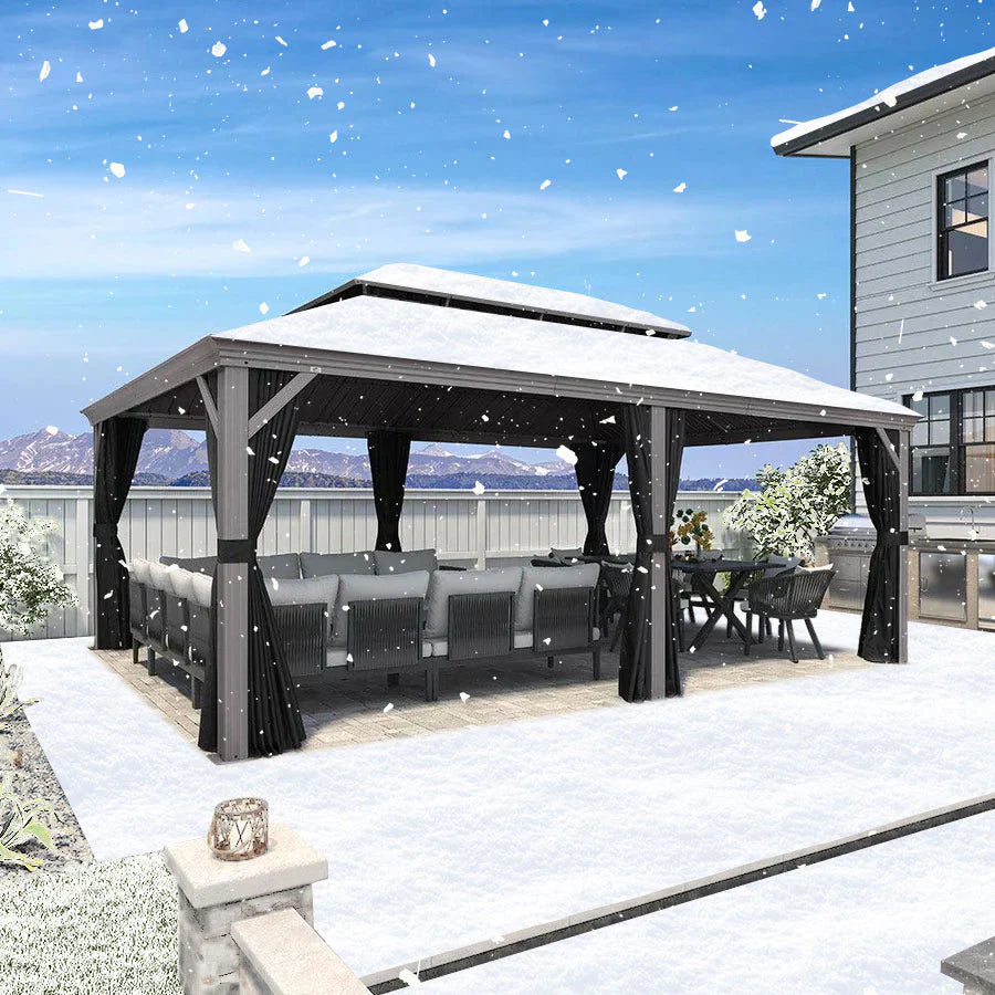 PURPLE LEAF Tonnelle de Jardin Pour Terrasse, Abris de Soleil Avec Toit Rigide en Acier Galvanisé, Equipée de Rideaux, Gris Clair