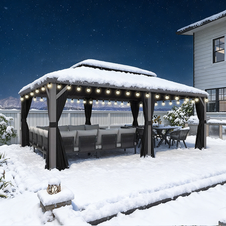 PURPLE LEAF Tonnelle de Terrasse et de Jardin, Toit Rigide en Acier Galvanisé, Conception de Gouttière avec Guirlandes Lumineuses Transparentes, Gris Clair