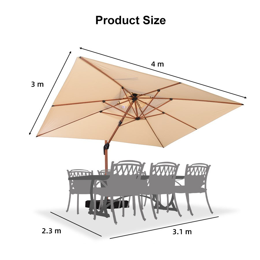 PURPLE LEAF Parasol Déporté Rectanglulaire Grain de Bois en Aluminium avec socle