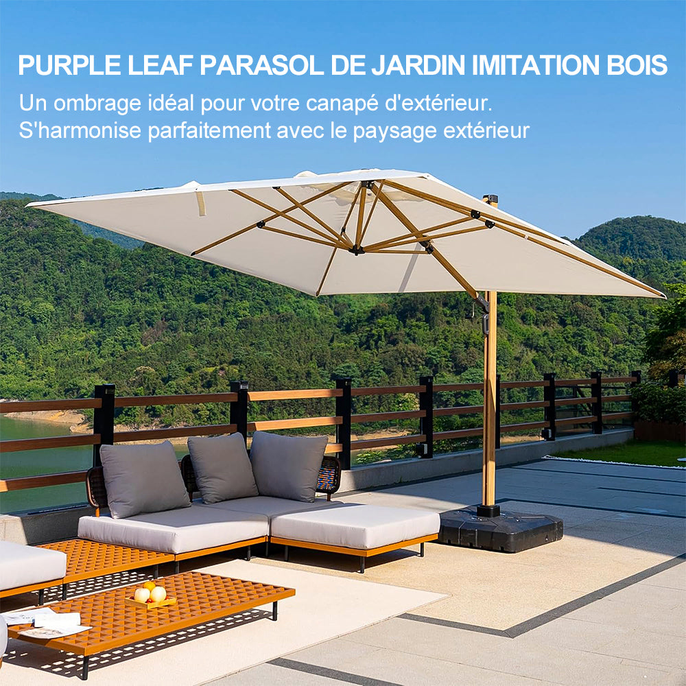 PURPLE LEAF Parasol Déporté Mégagrand à Motif Bois à Manivelle avec Mât Ultra-Renforcé Parasol d'Extérieur de Jardin Carré Rectangle