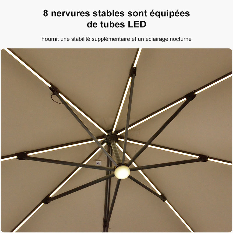 PURPLE LEAF Parasol Déporté avec LED Solaire 3 x 3 m Carré, Parasol De Jardin Extérieur Inclinable Toile Protection UV